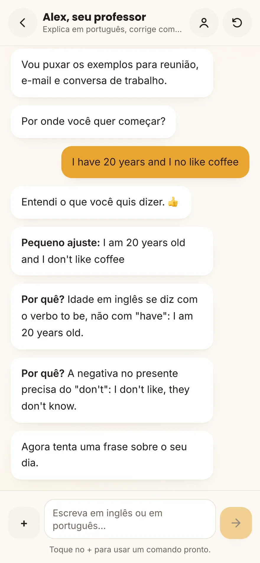 Conversa real no app: o aluno escreve com erro e o professor corrige explicando
