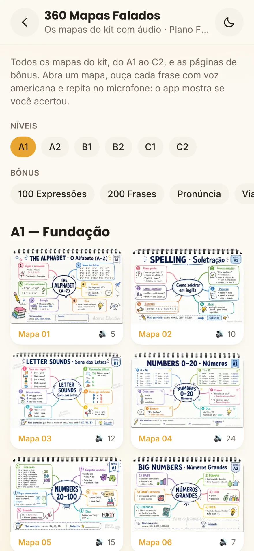 App: a seção 360 Mapas Falados com os níveis A1 a C2 e os bônus