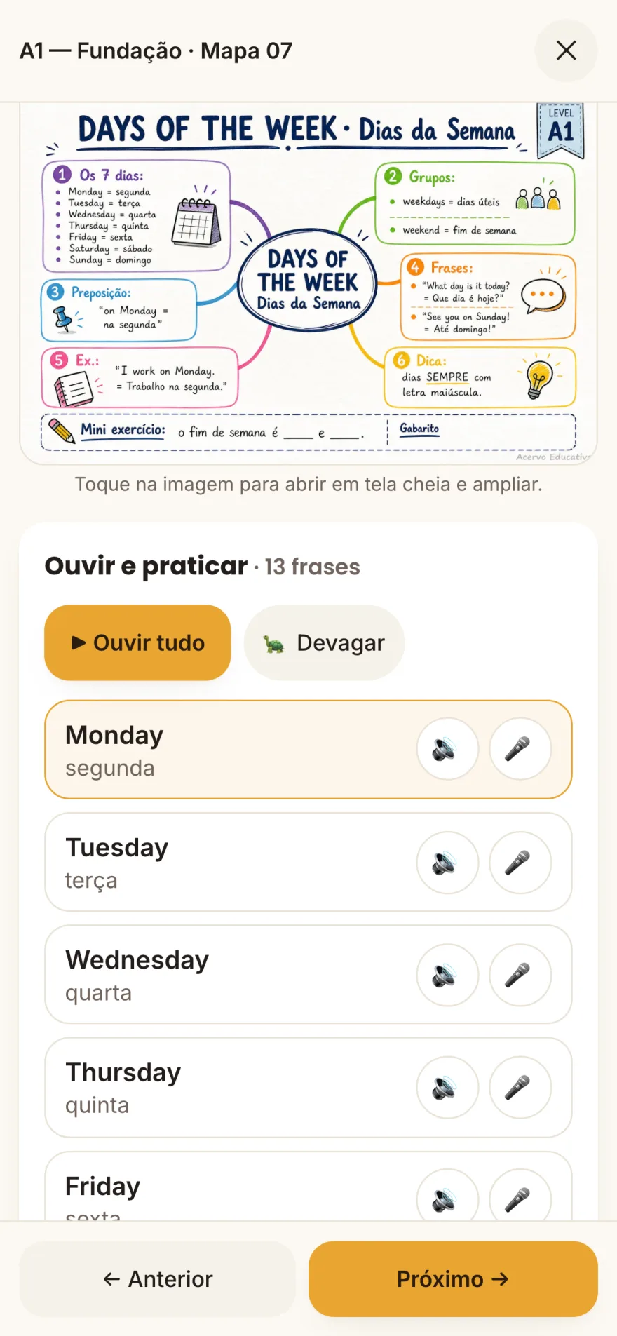 App: o mapa Days of the Week aberto, com as frases para ouvir e repetir