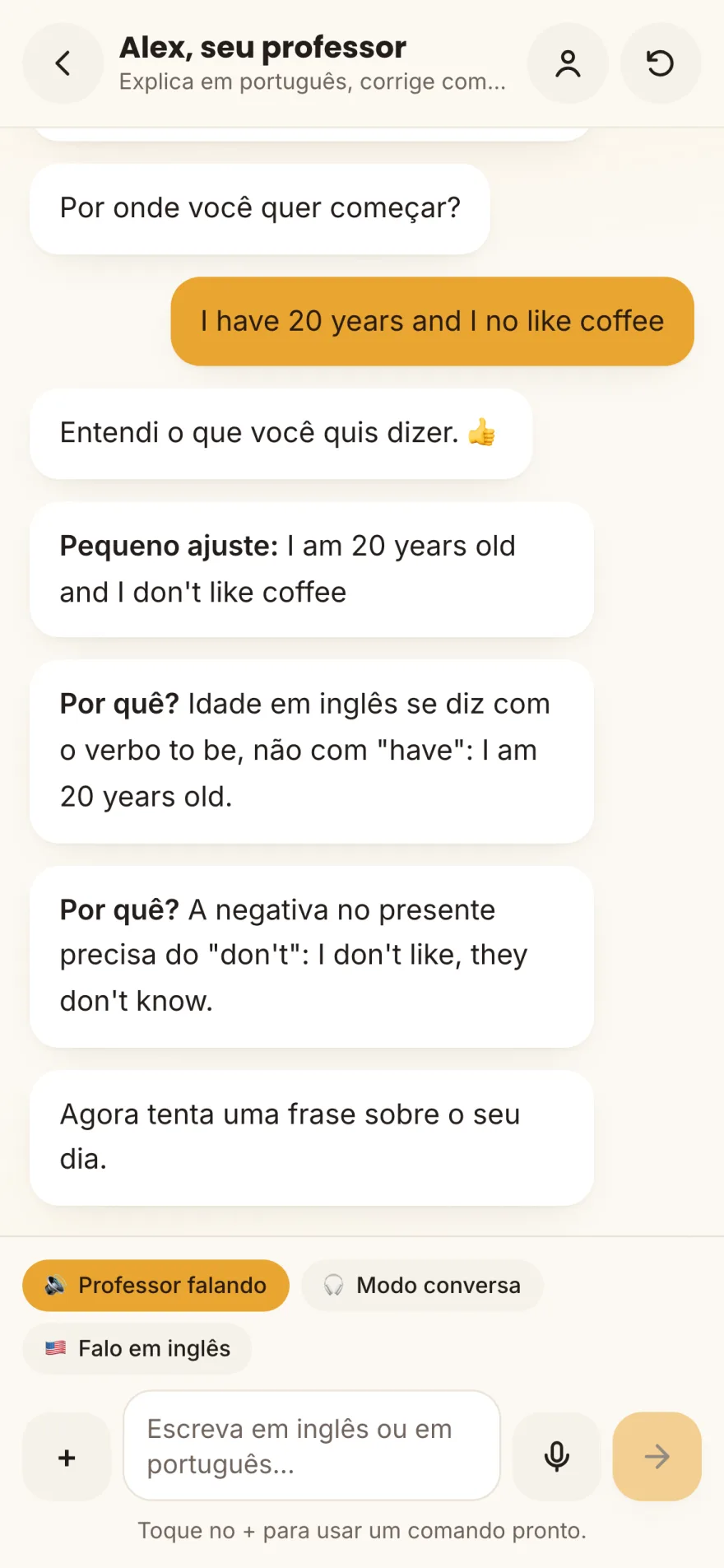 Conversa por voz com o professor falando